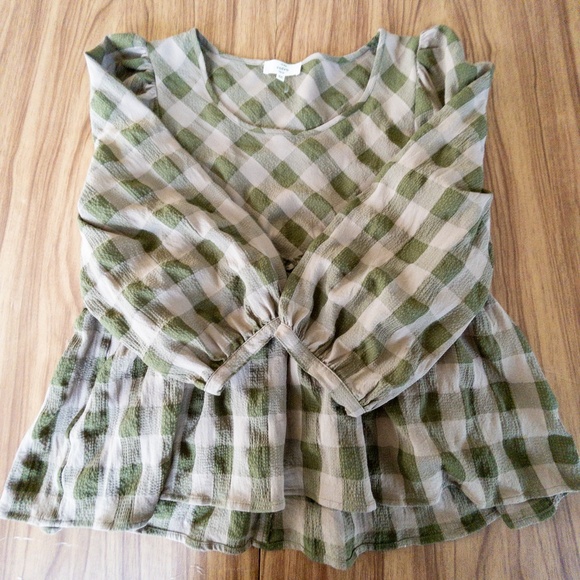 Entro Green & Beige Flowy -Flared Blouse 3/4 Sleeve Size M B007 - Picture 2 of 6